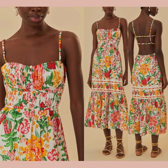 NWD $235 Farm Rio [ Large ]‎ Strawberry White Floral Sketch Midi Dress